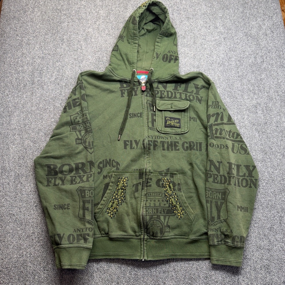 Born Fly Anytown USA Mens 2XL Green Graphic Full Zip Hoodie Studded Streetwear